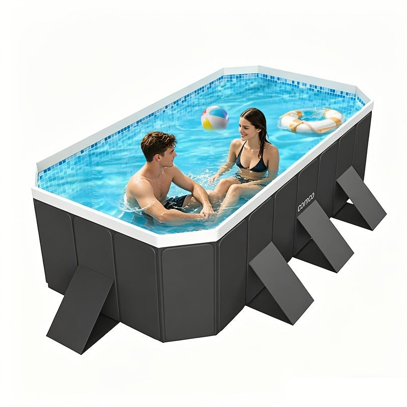 Large Rectangular Frame Pool, Non-Inflatable Backyard Swimming Pool with Drain for Garden, Patio and Yard Use