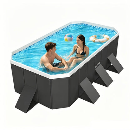 Large Rectangular Frame Pool, Non-Inflatable Backyard Swimming Pool with Drain for Garden, Patio and Yard Use