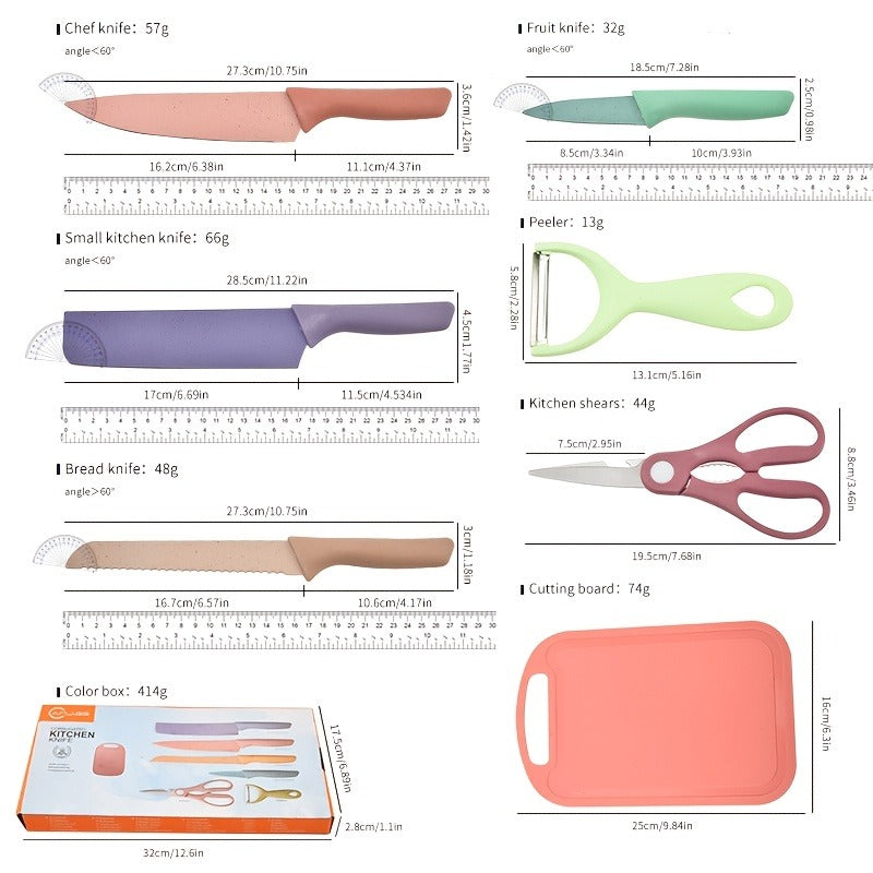 Seven-Piece Kitchen Knife Set with Four Pastel Knives, Kitchen Scissors, Peeler and Cutting Board