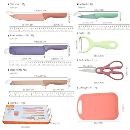 Seven-Piece Kitchen Knife Set with Four Pastel Knives, Kitchen Scissors, Peeler and Cutting Board