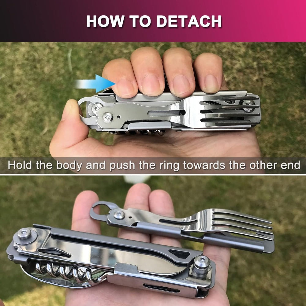 Portable Travel Cutlery Set – Removable Spoon, Fork & Knife with Bottle Opener – Compact Stainless Steel Utensils for Camping, Hiking
