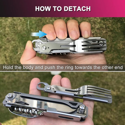 Portable Travel Cutlery Set – Removable Spoon, Fork & Knife with Bottle Opener – Compact Stainless Steel Utensils for Camping, Hiking
