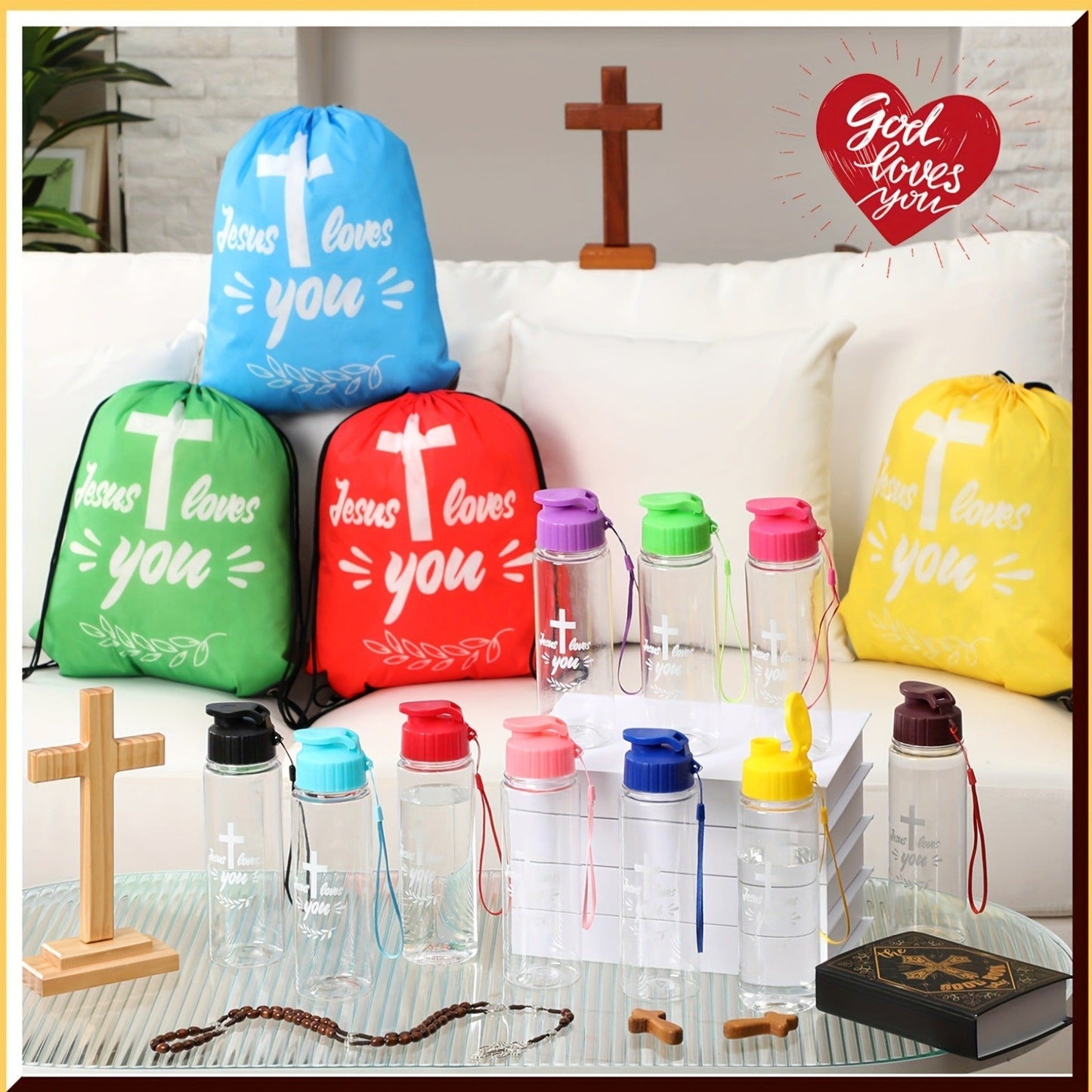 Christian Party Gifts Bulk Set 20pcs – 10 Drawstring Backpacks & 10 Sport Bottles with Bible Verses, God Loves You Church Event Favors