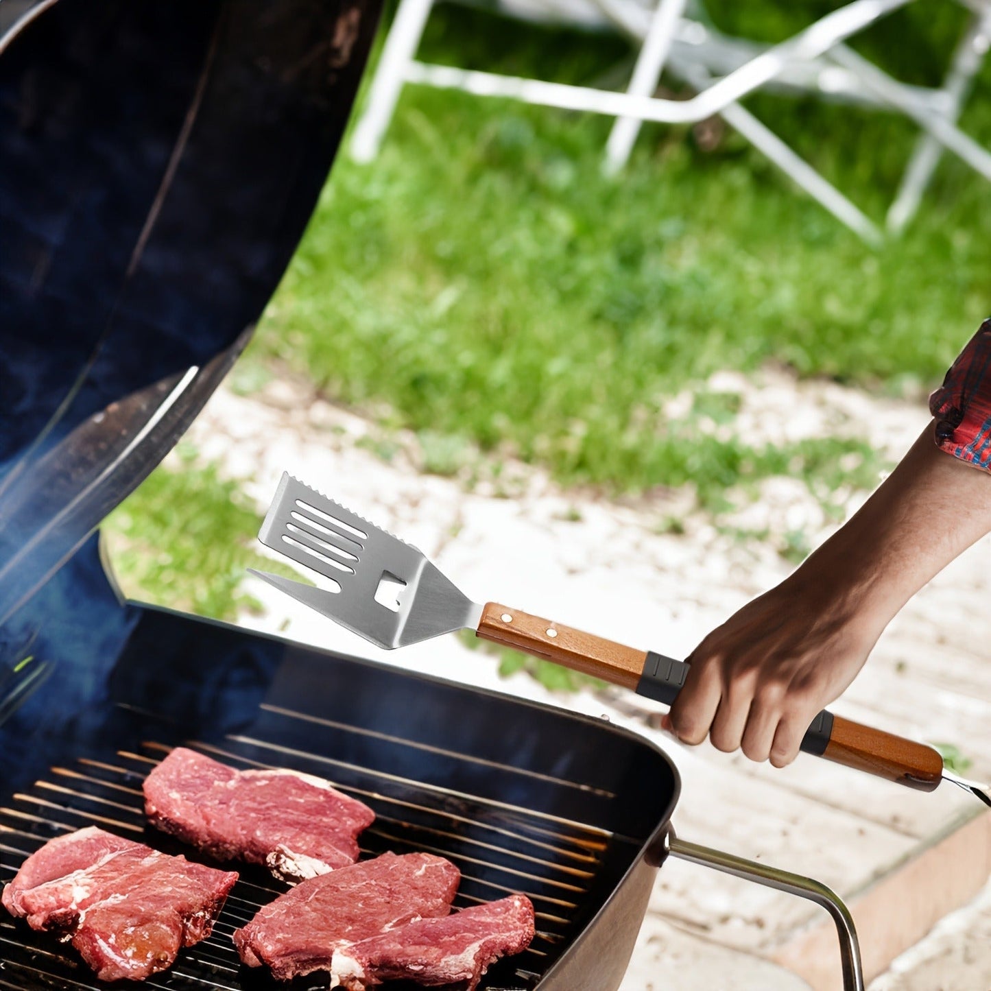 BBQ Grill Tool Set Stainless Steel – 430 Food-Grade Fork, Knife & Griddle Tools with Click Assembly Design