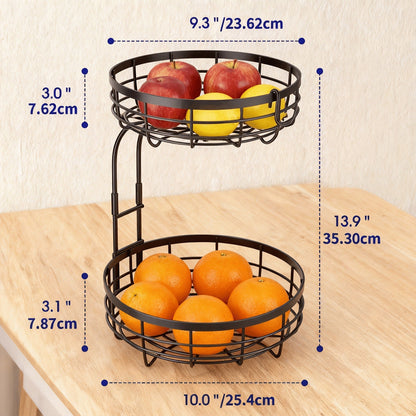 Tiered Fruit Basket Kitchen Organizer with Banana Hook, Removable 2 or 3 Metal Baskets and Wood Handle