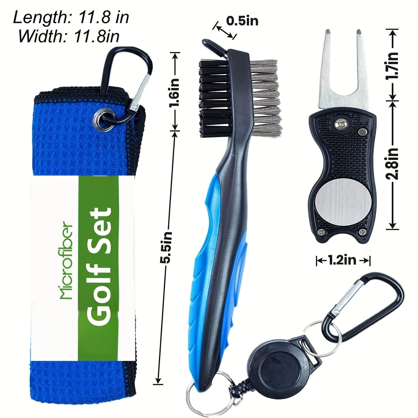 Five-Piece Golf Cleaning Set with Three Waffle Towels, Dual-Bristle Club Brush and Retractable Divot Tool