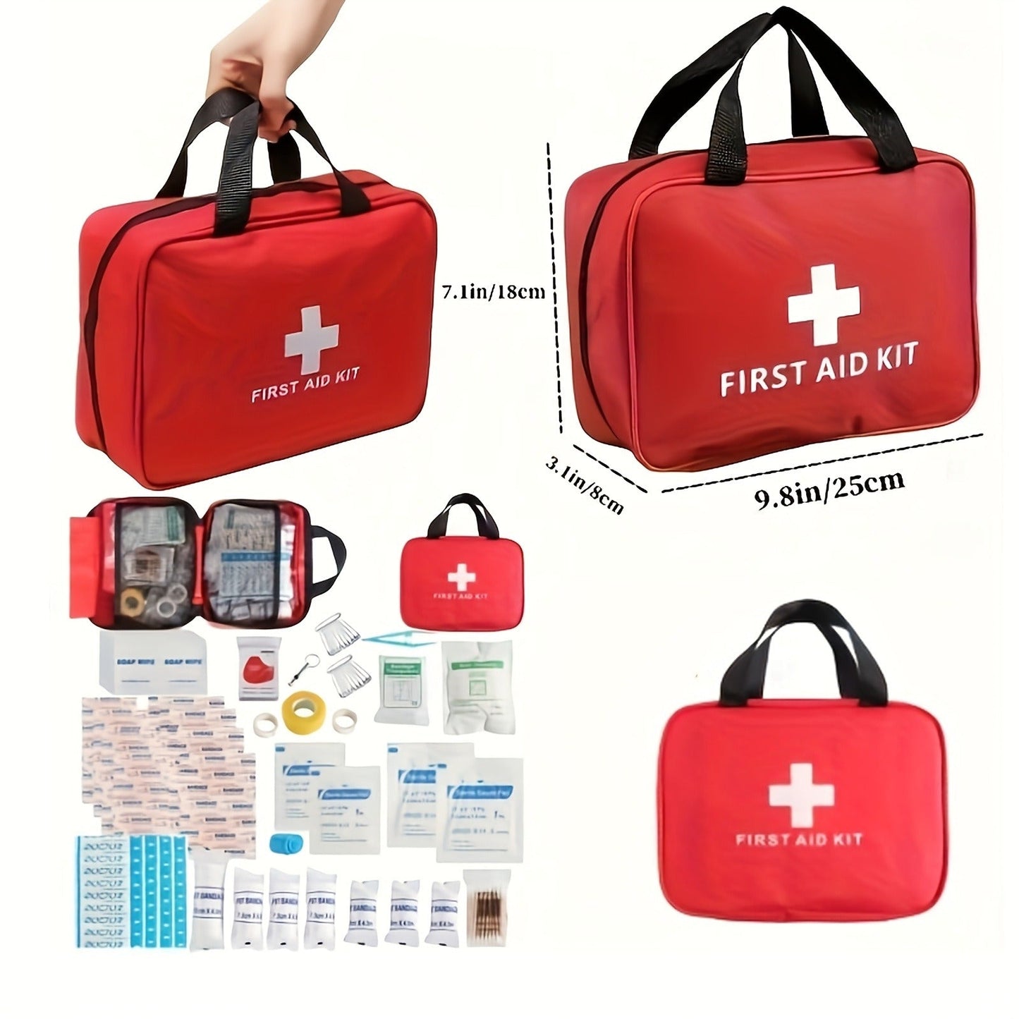 25-Item First Aid Kit with Red Handled Zipper Case, Two Mesh Sections and Labeled Supply Packets