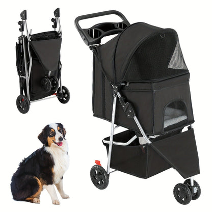 Black Three-Wheel Pet Stroller with Mesh Cabin, Front Cover, Cup Tray and Lower Storage Basket
