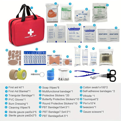 338-Piece First Aid Supply Kit in Red Handled Zipper Bag with Organized Interior Compartments