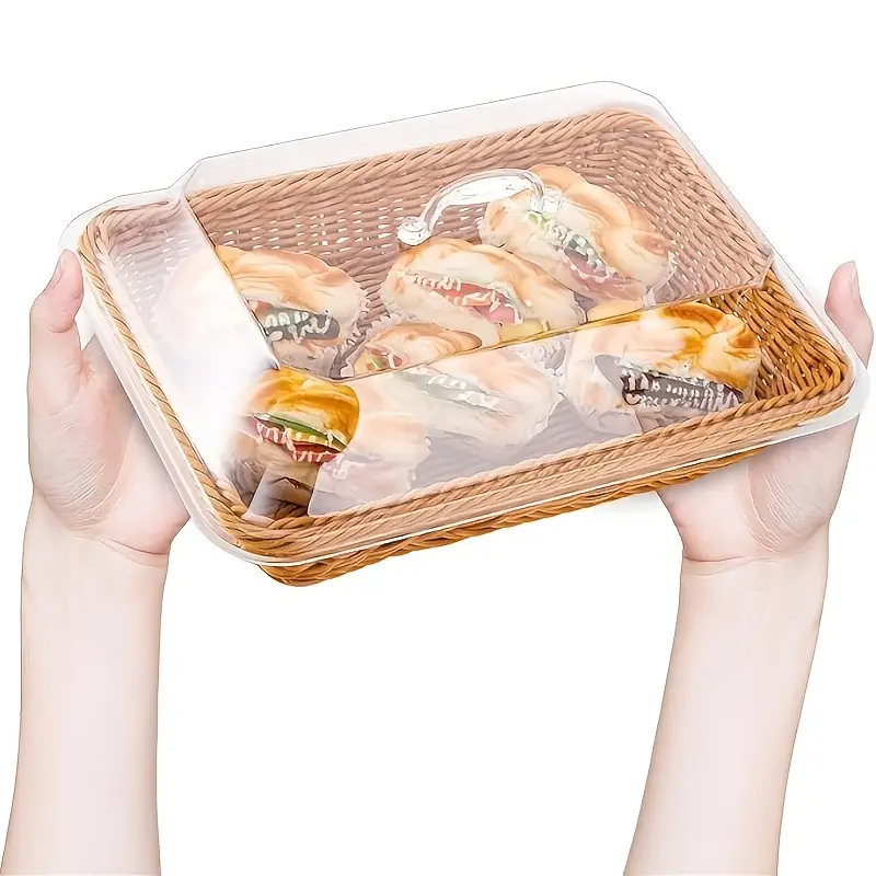 Wicker Bread Basket with Clear Acrylic Lid Rattan Storage Basket Washable Food Tray for Bread Fruit Desserts Kitchen Picnic Home Display