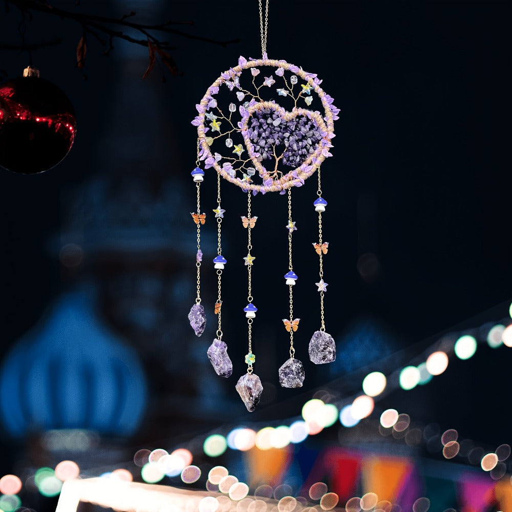 Boho Crystal Wall Hanging Decor – Handmade Stone Bead Wind Chime with Colorful Gemstone Heart & Circular Crystal Pendant for Bedroom Living