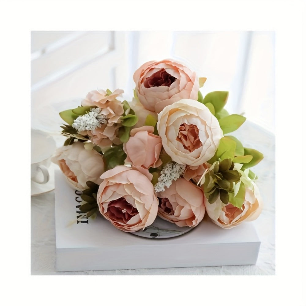 Faux Peonies Hydrangeas Artificial Flowers Vintage Silk Bouquet – Pink Green Mix Floral Centerpiece for Bridal Wedding Home Table Decor