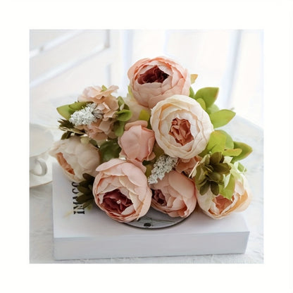 Faux Peonies Hydrangeas Artificial Flowers Vintage Silk Bouquet – Pink Green Mix Floral Centerpiece for Bridal Wedding Home Table Decor