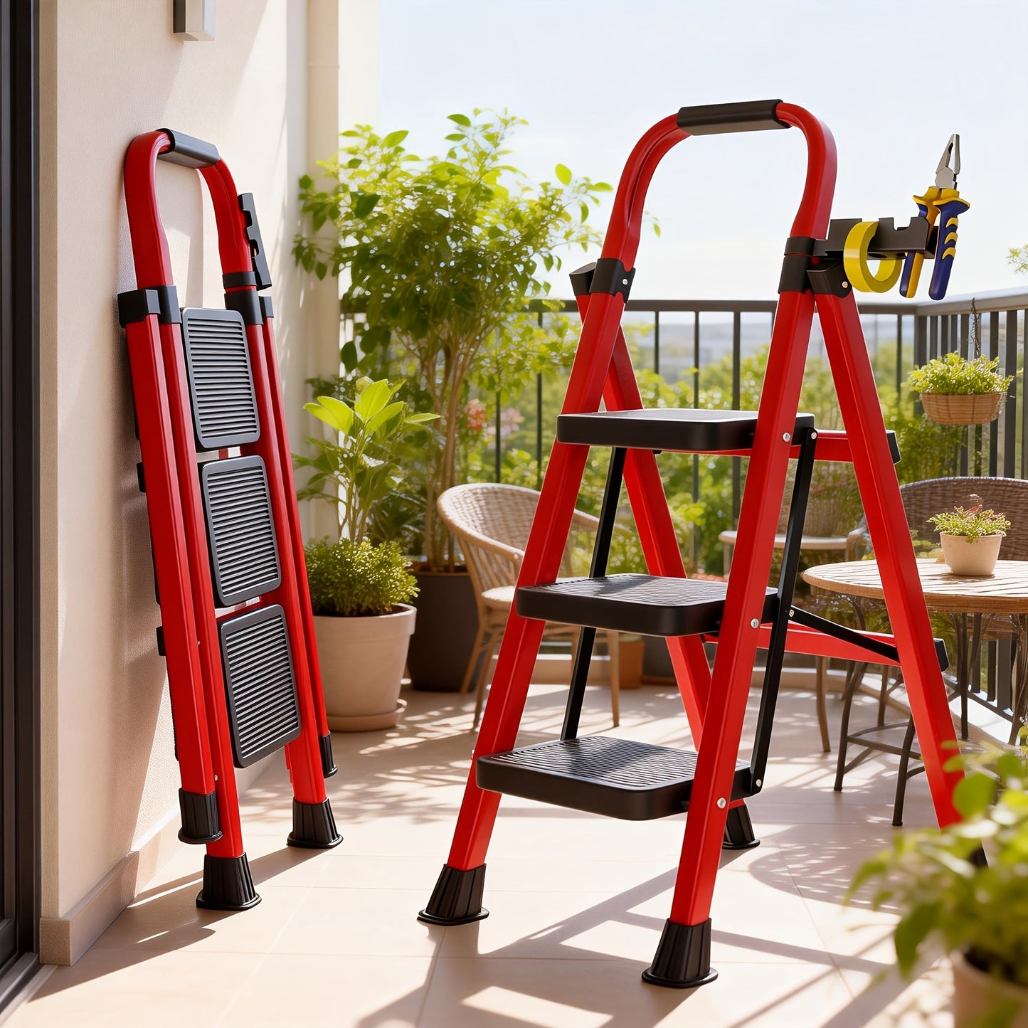 Folding Step Ladder 3 5 Step Steel Anti-Slip Wide Treads Handrail Safety Lock Portable for Home Cooking, Dining and Outdoor Meals