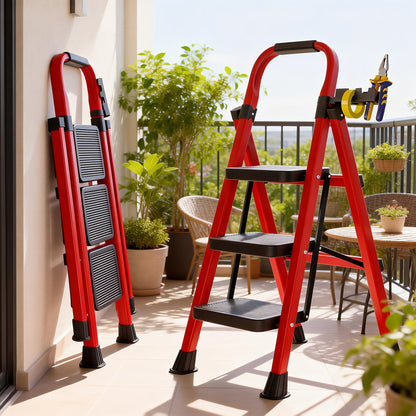 Folding Step Ladder 3 5 Step Steel Anti-Slip Wide Treads Handrail Safety Lock Portable for Home Cooking, Dining and Outdoor Meals