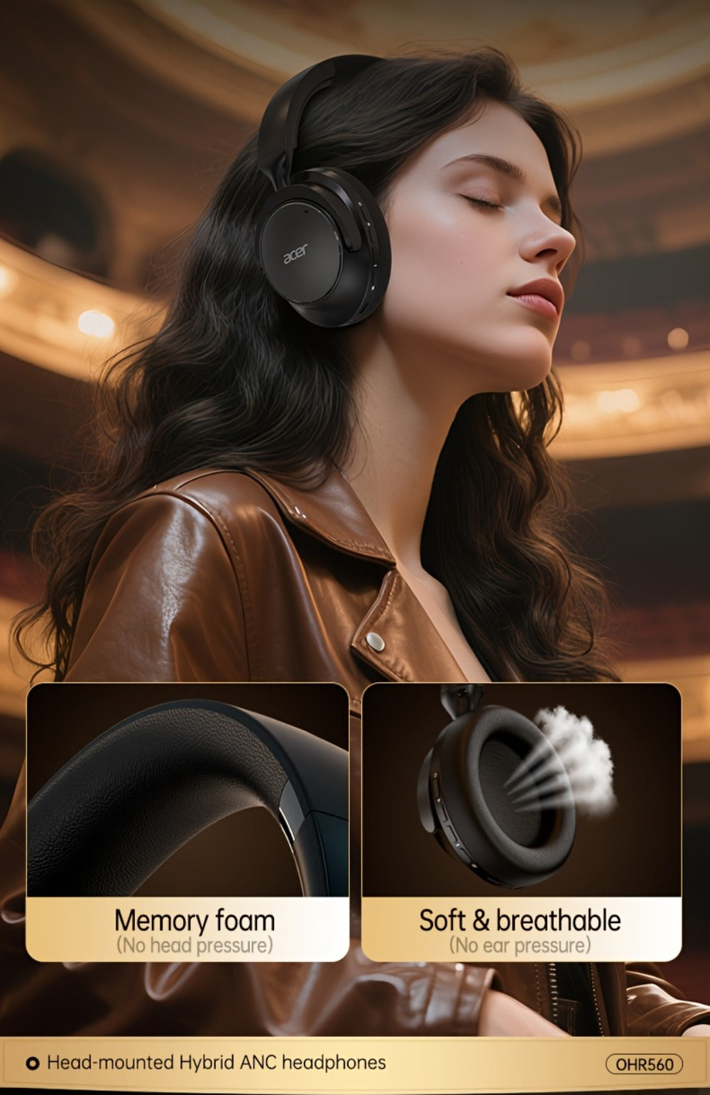 Acer OHR560 Over-Ear Headphones with Bluetooth 5.3, 40mm Drivers, ANC and ENC Labels, Foldable Earcups and AUX