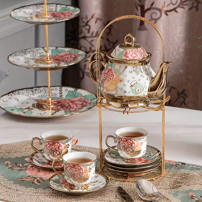 20-Piece Floral Ceramic Tea Set with Saucers & Metal Stand, European Afternoon Tea Service, Blooming Design