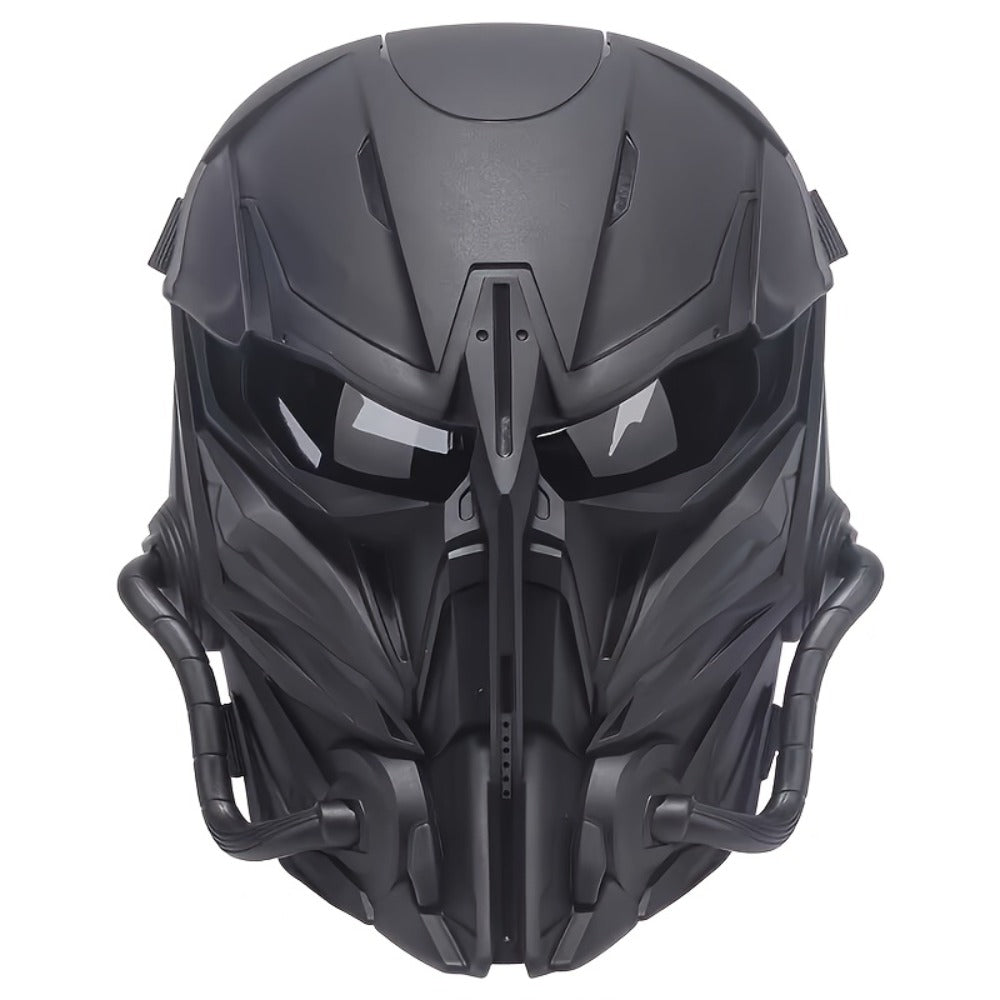 Black Mechanical Costume Mask with Sculpted Lower-Face Panel, Dark Eye Visor and Side Vent Details