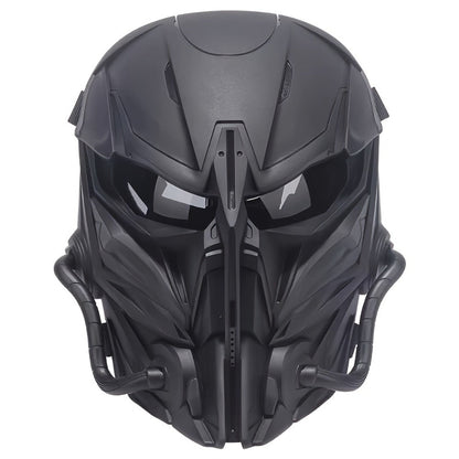 Black Mechanical Costume Mask with Sculpted Lower-Face Panel, Dark Eye Visor and Side Vent Details