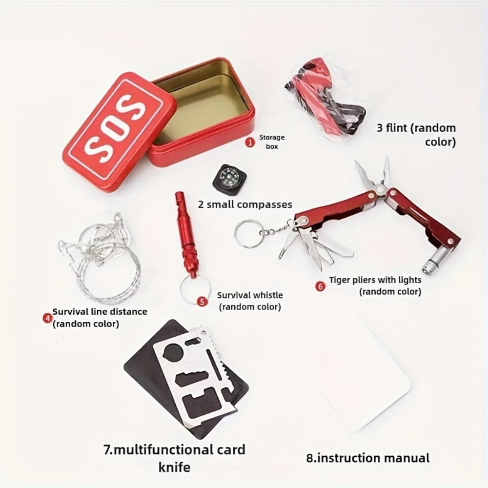 Outdoor Survival Gear Kit 6pcs SOS Emergency Set with Multi-Tool Whistle Compass Fire Starter for Entryways, Bedrooms and Living Spaces