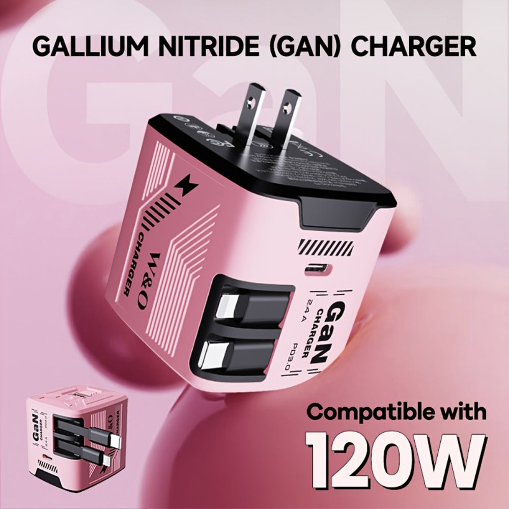Dual Cable GaN Charger 120W with Built-In 47in Type-C & Lightning Retractable Cables, Foldable Plug – Tangle-Free Fast Charging USB-C Wall
