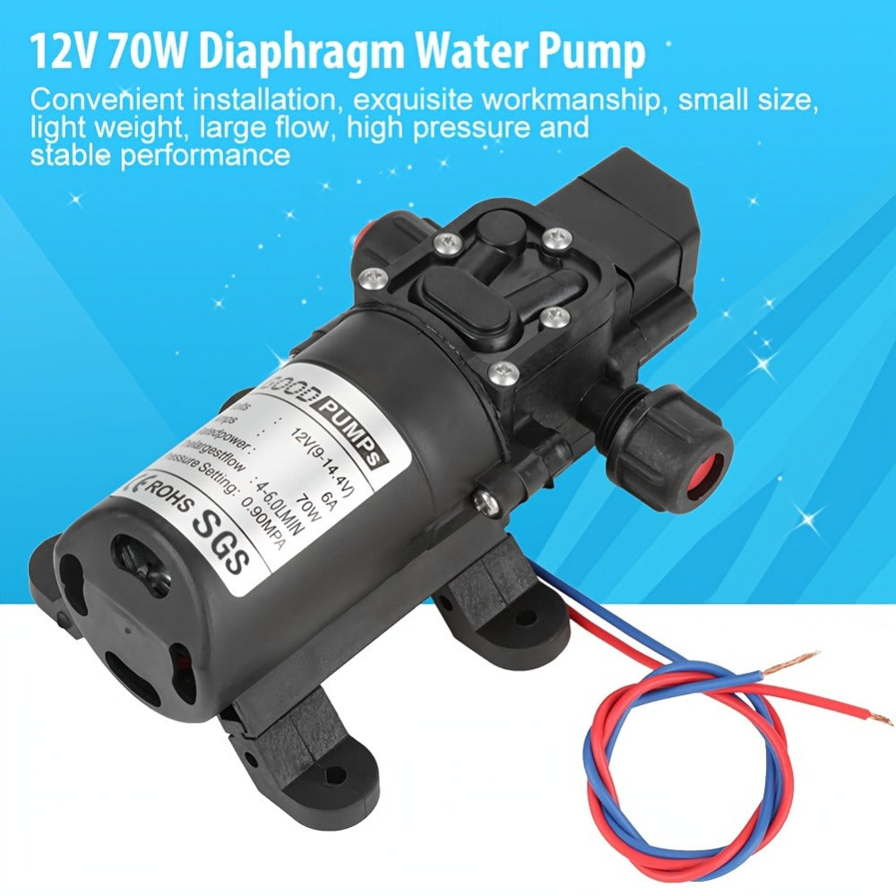 12V DC High Pressure Diaphragm Water Pump 70W Self Priming Pump 6L/Min 0.9MPA Portable for Entryways, Bedrooms and Living Spaces