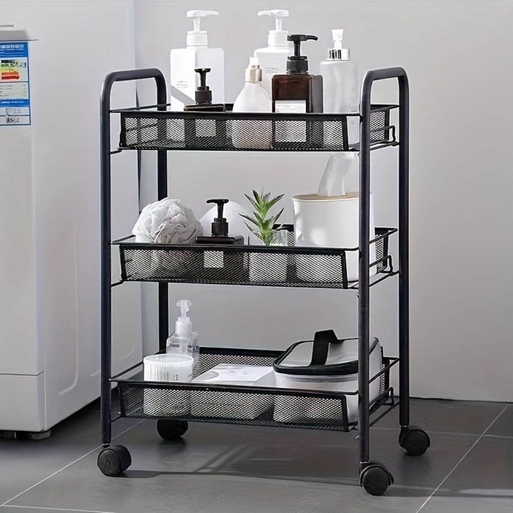 Rolling Storage Cart on Wheels – 3/4/5 Tier Carbon Steel Wire Basket Trolley, Black Metal Utility Cart for Kitchen, Bathroom, Bedroom