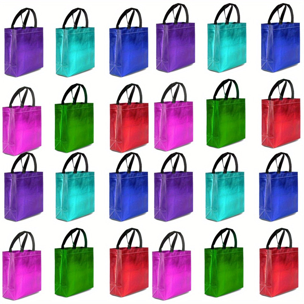 Gift Bags Bulk 24pcs Mixed Colors Glossy Finish | Reusable Shiny Party Favor Bags 8x10x4 in Pink Red Purple Blue Green