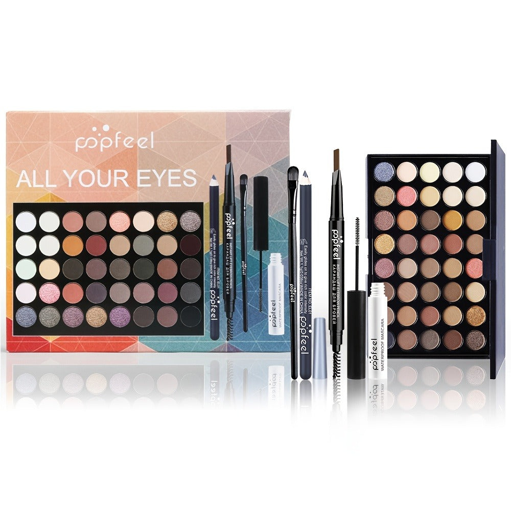 Complete Eye Makeup Kit 40 Color Eyeshadow Palette with Mascara Eyeliner Eyebrow Pencil & Brush – Matte Shimmer Glitter Pigmented Blendable
