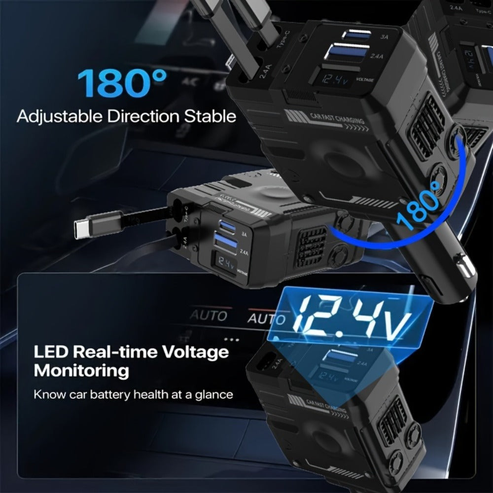 Dual Retractable Cable Car Charger 4-in-1 with Lightning & Type-C 31in, 2 USB-A Ports & Voltage Supervision