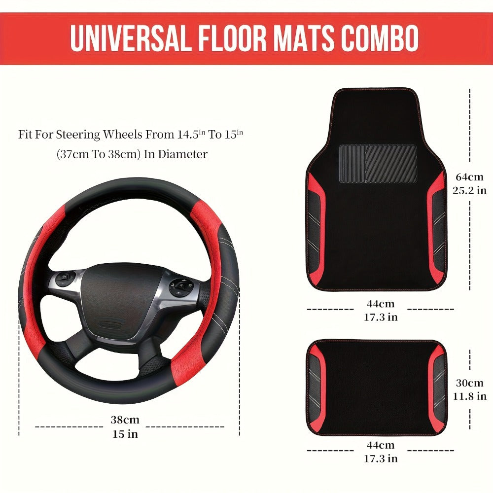 Steering Wheel Cover & Waterproof Car Floor Mats Combo Set – Microfiber Anti-Slip Universal Fit 14.5-15 Inch for 95% Sedan SUV Cars
