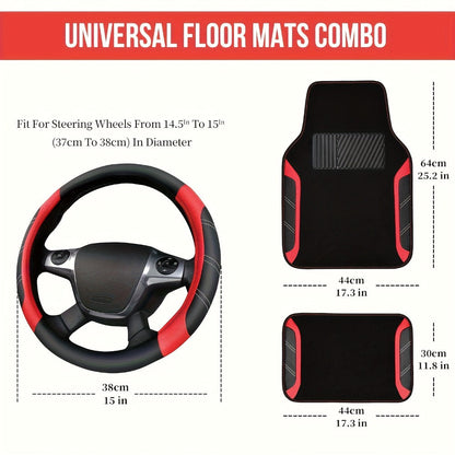 Steering Wheel Cover & Waterproof Car Floor Mats Combo Set – Microfiber Anti-Slip Universal Fit 14.5-15 Inch for 95% Sedan SUV Cars