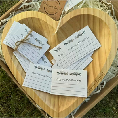 Wooden Prayer Bowl with 24 Prayer Cards – Hand-Carved Heart Shaped Cross Engraved Vintage Religious Gift Set for Easter, Christmas