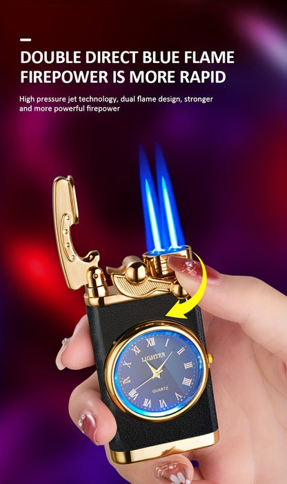 Vintage Dial-Front Double-Flame Butane Lighter with Rocker Ignition in Black Matte or Red Wood Grain