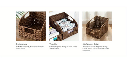 Water Hyacinth Pantry Storage Baskets 2-Pack with Seagrass Options and Integrated Shelf Handles