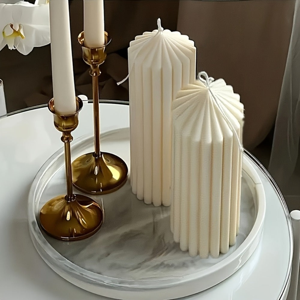 White Ribbed Soy Wax Pillar Candle Pair with Two Matched Sizes or One-of-Each Mixed-Size Option