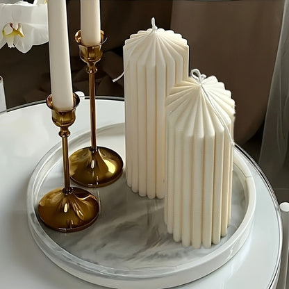 White Ribbed Soy Wax Pillar Candle Pair with Two Matched Sizes or One-of-Each Mixed-Size Option