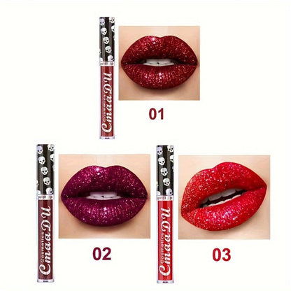 Glitter Lip Gloss Set 3pcs Skull Design Shimmer Liquid Lipstick Long Lasting Easy Remove Bold Shiny Lip Color for Music Festival Rave Party