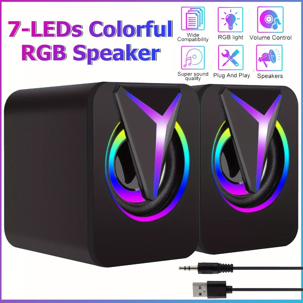 USB Powered Computer Speakers 2.0 Mini Stereo Desk Audio System with RGB Lights, Volume Control, 3.5mm AUX Input