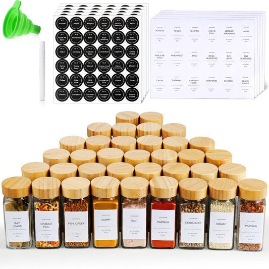 Glass Spice Jars 4oz with Bamboo Lids Labels and Collapsible Funnels Seasoning Storage for Home Cooking, Dining and Outdoor Meals