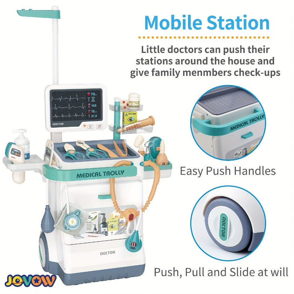 Kids Doctor Kit with Medical Cart Set, Movable Toy Trolley, Stethoscope, Thermometer & Accessories