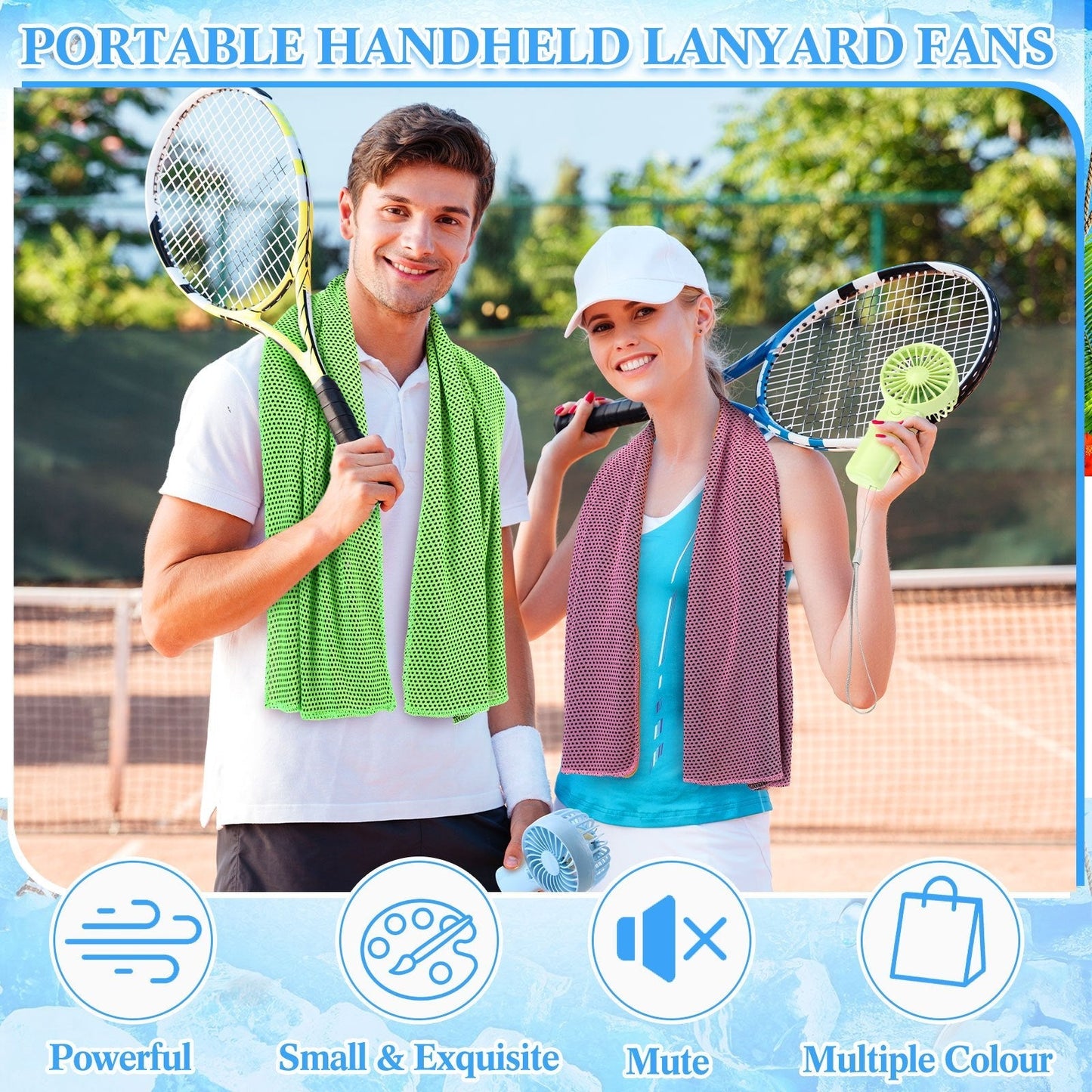 Portable Cooling Towel & Handheld Fan Set 24-Pack – Mini Ice Towels with Fans for Sports, Gym, Yoga, Travel & Camping