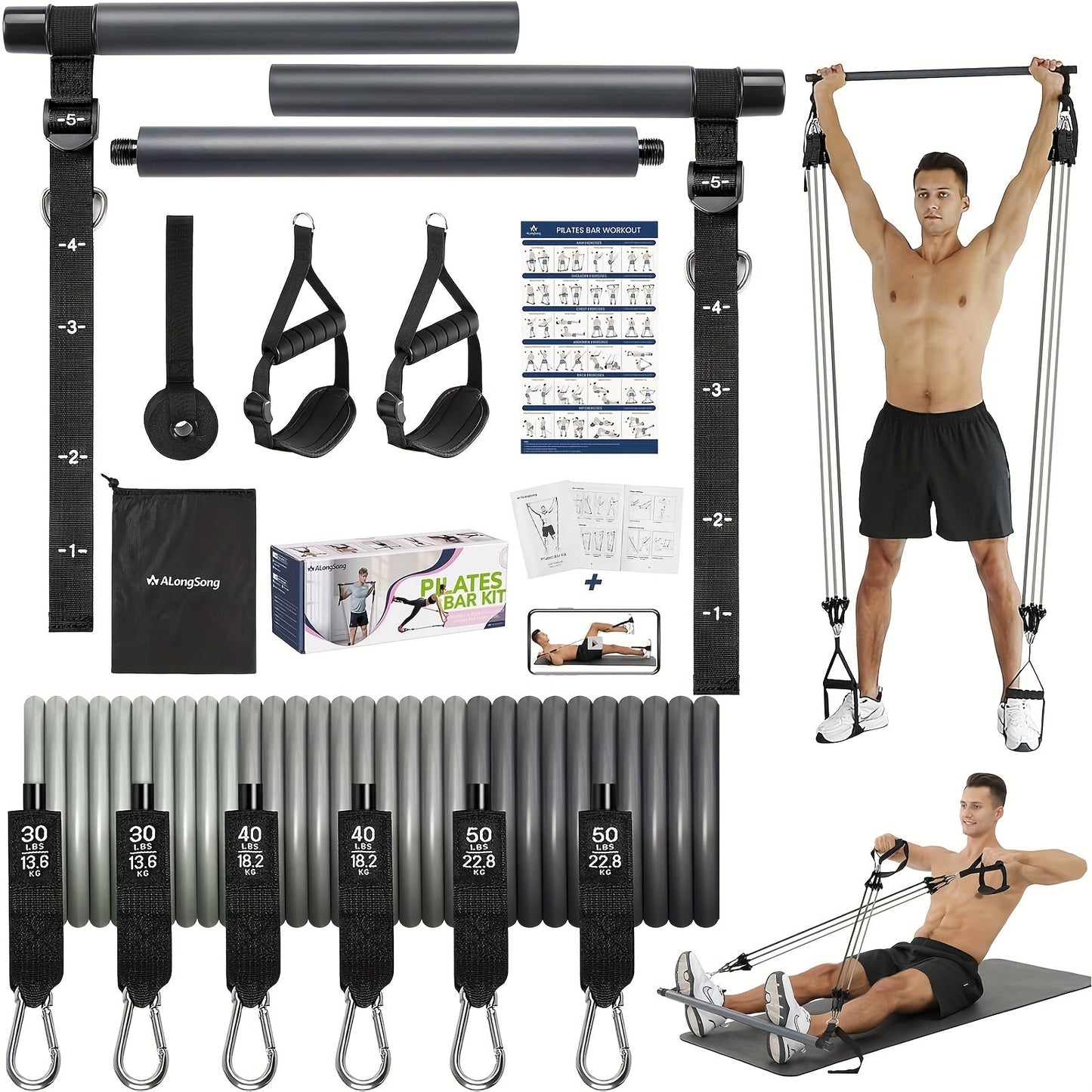 Natural Latex Pilates Bar Kit with Resistance Bands 20-360 lbs – Stainless Steel Handle, Adjustable Length for 5'3"-6'2"