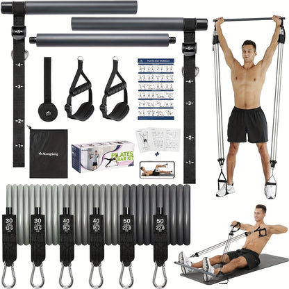 Natural Latex Pilates Bar Kit with Resistance Bands 20-360 lbs – Stainless Steel Handle, Adjustable Length for 5'3"-6'2"