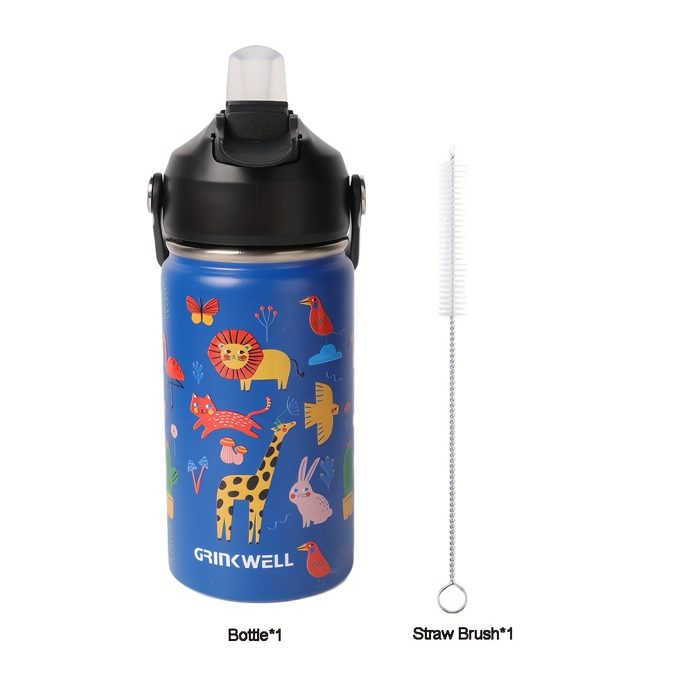 Insulated Stainless Steel Water Cup with Straw | 12oz 340ml, 3D Cartoon Pattern, Double Wall, Handle & Straw Brush – Travel