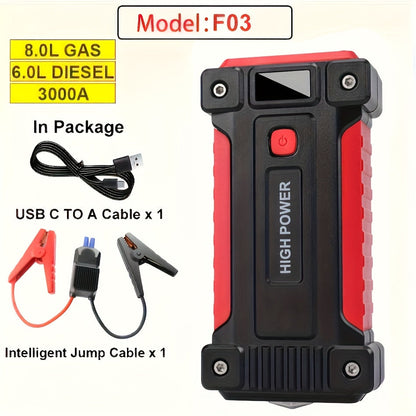 12V Jump Starter with F07, F13, F19 or F03 Black Model Options, Digital Display, LED Light and USB Connections