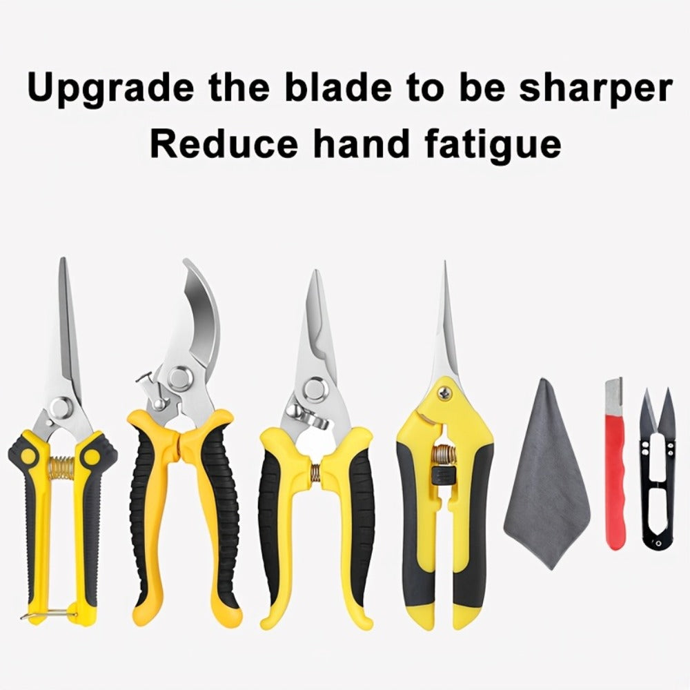Gardening Pruning Tool Set 8 Piece Stainless Steel, Pruning Shears Scissors Pliers Handle with Wiping Cloth