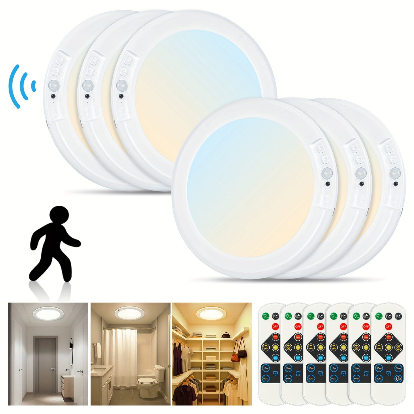 Rechargeable LED Ceiling Light with Motion Sensor, Remote Control Dimmable, 3 Color Temps 3000K/4500K/6500K
