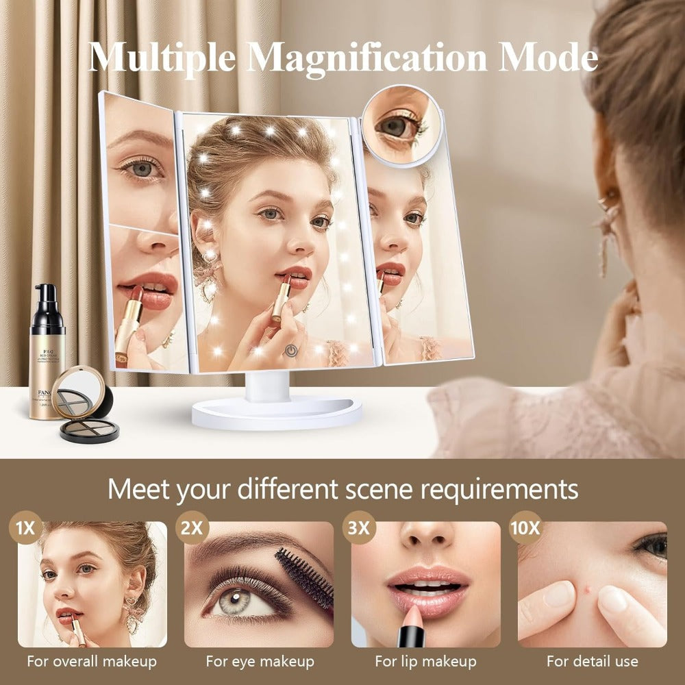 LED Tri-Fold Makeup Mirror with Touch Screen, 1X/2X/3X/10X Magnifying Vanity Mirror, Flexible Adjustable Base