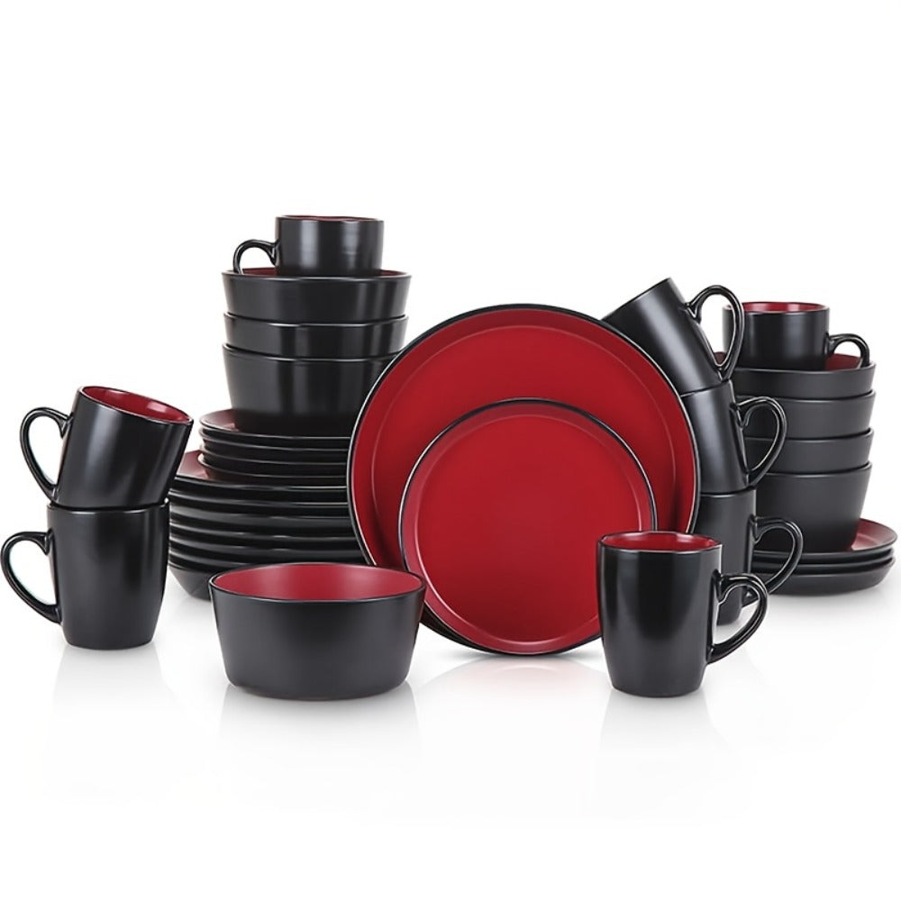 Dinnerware Set Options for Four with Round Plates, Bowls and Cups in Black, Red, Blue, Green or Floral Designs